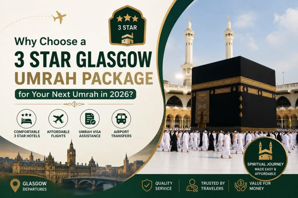 Why Choose a 3 Star Glasgow Umrah Package for Your Next Umrah in 2026? Estimated read time: 9–11 minutes Planning Umrah from Glasgow in 2026 usually starts with one question: how do I make this journey affordable without compromising the experience? For most Scottish pilgrims, a 3 Star Glasgow Umrah Package is the answer — and this guide explains exactly why, what's included, what it costs, and how to book with confidence. What Is a 3 Star Umrah Package, Exactly? A 3 star Umrah package is a pilgrimage travel package built around mid-range, comfortable hotel accommodation in Makkah and Madinah — typically 3-star rated properties within a reasonable distance of the Masjid al-Haram and Masjid an-Nabawi — combined with return flights, ground transfers, and visa processing. The "3 star" rating refers strictly to the hotel category, not the quality of your spiritual journey. Prayer access, Tawaf, Sa'i, and Ziyarat visits are identical regardless of which hotel tier you book. What changes is: Distance from the Haram (often a 5–15 minute walk or short shuttle ride, rather than being directly across the courtyard) Room size and finish (comfortable and clean, but simpler than 4-5 star towers) On-site amenities (fewer restaurants/lounges, more reliance on nearby local eateries) For many pilgrims — particularly first-timers, students, and families managing a tighter budget — this is a smart, practical trade-off. Why Glasgow Pilgrims Are Choosing 3 Star Packages for 2026 Cost Savings Without Cutting Corners on Faith Essentials The core appeal is simple: you keep every essential element of Umrah — flights, visa, transport, accommodation, guidance — while avoiding the premium markup that comes with 5-star hotel towers directly overlooking the Haram. That price difference, often several hundred pounds per person, can be the difference between affording a family Umrah trip or postponing it another year. With flight prices from Glasgow and Saudi hotel rates both fluctuating year-on-year, a 3-star package gives UK Muslim travellers a realistic, repeatable way to perform Umrah more than once — rather than saving for years toward a single 5-star trip. 3 Star vs 4 Star vs 5 Star — What's the Real Difference? Feature3 Star Package4 Star Package5 Star PackageDistance to Haram5–15 min walk/shuttle2–8 min walkOften adjacentRoom comfortClean, functionalSpacious, modernPremium finishTypical price (per person, twin share)LowerMid-rangeHighestBest suited forBudget-conscious, first-timers, groupsBalanced comfort/costElderly, mobility needs, luxury preferenceFlights & visa includedYesYesYes Bottom line: if mobility isn't a major concern and you're comfortable with a short walk or shuttle transfer, a 3-star package delivers the same pilgrimage experience for meaningfully less money. What's Included in a 3 Star Glasgow Umrah Package? A properly structured 3 star Glasgow Umrah package should include: Return flights from Glasgow (or connecting via a major UK hub) to Jeddah or Madinah Umrah visa processing and assistance Hotel accommodation in Makkah (3-star rated) Hotel accommodation in Madinah (3-star rated) Airport-to-hotel transfers and inter-city transport (Makkah to Madinah) Ziyarat (guided visits to historical Islamic sites) Basic Umrah guidance/support from the travel agency What to check before booking: meal inclusions (some packages are room-only), whether transfers are shared or private, and whether the group is escorted by a guide throughout. ⚠️ Important for 2026 pilgrims: Since 2026, all international pilgrims must use the official Nusuk app to book their Umrah entry slot and, separately, their Rawdah permit in Madinah (the small, deeply significant area inside the Prophet's Mosque). This applies regardless of hotel star rating or which agency you book with — it isn't optional, and there's no fee for the permit itself. Rawdah slots are typically released only 7–14 days before your visit, so this is something to plan for once you're in Saudi Arabia, not something to worry about at the booking stage. A reliable 3-star Glasgow Umrah package should include basic guidance on setting up the app once your visa is issued. Flights from Glasgow to Saudi Arabia — What to Expect Glasgow does not currently operate frequent direct flights to Jeddah or Madinah, so most Umrah packages route through a UK or European hub — commonly London, Manchester, or a Middle Eastern connection point — before continuing to Saudi Arabia. This typically adds one layover to your journey. When comparing 3 star Glasgow Umrah packages, it's worth checking: Total journey time including layover Whether the layover airline and airport are convenient for families or elderly travellers Baggage allowance (Umrah trips often involve more luggage for gifts and Zamzam water on return) Hotel Locations in Makkah & Madinah — How Close Is "Close Enough"? For 3-star packages, hotels are generally positioned within Makkah's central zone (Ajyad, Al Aziziyah, or Mahbas Al-Jin) and Madinah's Central Area — both within realistic walking distance or a short shuttle transfer to the Haram. This is very different from being miles away; it simply means slightly more walking than a premium tower hotel. To give you a concrete sense of what "3-star" actually looks like on the ground: Makkah, closer-in option: Hotels in the Ajyad district (such as Elaf Ajyad) sit roughly 350–400 metres from Masjid al-Haram — a genuine short walk, with a 24-hour shuttle also available for those who prefer not to walk. Makkah, budget-friendly option: Hotels in Al Aziziyah/Mahbas Al-Jin (such as Elaf Bakkah) sit around 2–2.5km from the Haram, relying on a complimentary shuttle bus (typically excluding the busiest Ramadan days) rather than a walk. Madinah: Hotels in the Central Area around the Prophet's Mosque (such as the Golden Tulip properties in that district) commonly sit within a 2–10 minute walk of the mosque gates, depending on the specific property and room rate. These are examples of the type of property a 3-star Glasgow package typically books, not a guarantee of a specific hotel — always ask your agency for the exact named hotel before you pay a deposit. For elderly or mobility-limited pilgrims, insist on the exact hotel name and distance in metres — a reputable operator will always disclose this upfront rather than using vague terms like "near Haram." 3 Star Glasgow Umrah Packages for Families Family Umrah trips have specific needs a good 3-star package should accommodate: Room-sharing options for triple/quad occupancy to reduce per-person cost Connecting or nearby rooms for parents and children Flexibility on child pricing (infants and under-12s are often discounted) A slightly more central hotel location, reducing walking distance for children or grandparents Families booking for 2026 should request written confirmation of room configuration before paying a deposit — this is one of the most common sources of disappointment with budget packages. How Much Does a 3 Star Glasgow Umrah Package Cost in 2026? Umrah pricing varies with season, group size, flight costs, and current exchange rates. Based on current 2026 UK market rates for 7–10 night 3-star packages, here's a realistic guide: Package TypeTypical Price Range (per person, twin/quad share)Best Booking Window3 Star — Off-Peak£650 – £950September–November, January–February3 Star — Mid-Season / School Holidays£950 – £1,300School holiday periods, Dhul-Hijjah aftermath3 Star — Ramadan 2027 Peak (next Ramadan window)£1,500 – £2,500+Ramadan 1448H is expected around mid-February to mid-March 2027 — book by autumn 2026 for the best rates A note on these figures: these are indicative UK market ranges, not a live quote — flight costs, group size, and exact hotel choice will move the number up or down. Always request an itemised quote from [Your Agency Name] broken down by flights, hotel, visa, and transfers so you can compare it properly against other Glasgow Umrah packages. Since Ramadan 2026 has already passed (it ran 18 February to 19 March 2026), anyone booking now in mid-2026 has two realistic windows: a remaining-2026 off-peak trip (great value, shorter planning runway), or locking in Ramadan 2027 pricing early — which is exactly where booking 6+ months ahead pays off most. Best Time to Book Your Glasgow Umrah Package If you're planning a trip for the rest of 2026: the September–November window is typically the most affordable stretch left this year, with quieter hotels and more competitive flight fares. If you're saving for Ramadan: Ramadan 2026 has already passed (it ran 18 February–19 March 2026). The next Ramadan, 1448H, is expected around mid-February to mid-March 2027 — booking by autumn 2026 will lock in pricing well ahead of the seasonal price surge. 6+ months ahead, in general: the single biggest lever for securing lower flight fares and your preferred hotel room type, regardless of which season you're targeting. Avoid last-minute booking during any peak window: prices rise sharply and availability shrinks fast in the final weeks before Ramadan or UK school holidays. How to Book a 3 Star Glasgow Umrah Package (Step-by-Step) Confirm your travel dates — decide on peak or off-peak season based on budget and availability. Request an itemised quote — flights, hotel names, meal plan, transfers, and visa costs listed separately. Verify the agency's credentials — check ATOL/ABTA protection and reviews from previous UK pilgrims. Confirm hotel distance and room type — get exact hotel names, not just "near Haram" descriptions. Pay your deposit and receive written confirmation — ensure all inclusions are documented in your booking confirmation. Complete visa documentation — passport, photos, and any required forms submitted promptly to avoid delays. Attend a pre-departure briefing (if offered) — many agencies provide guidance on rituals, packing, and logistics. Frequently Asked Questions Why choose a 3 Star Glasgow Umrah Package? A 3-star package delivers the same essential Umrah experience — flights, visa, hotels, transfers, and guidance — at a lower cost than 4 or 5-star options, making it accessible for families, first-timers, and repeat pilgrims on a budget. How much does a 3 Star Glasgow Umrah Package cost? For 2026, expect roughly £650–£950 per person off-peak, rising to £950–£1,300 in busier periods, with Ramadan-period packages (next falling around February–March 2027) commonly reaching £1,500–£2,500+. Always confirm current pricing directly, as it shifts with flight costs and exchange rates. What is included in a 3 Star Glasgow Umrah Package? Typically: return flights from Glasgow, Umrah visa processing, 3-star hotel stays in Makkah and Madinah, airport and inter-city transfers, and Ziyarat visits. Are 3 Star Glasgow Umrah Packages worth it? For pilgrims without mobility concerns, yes — the spiritual experience is unchanged, and the only trade-off is a slightly longer walk or shuttle ride to the Haram compared to premium hotels. Which is the best 3 Star Glasgow Umrah Package? The best package is the one offering full transparency — named hotels, itemised pricing, ATOL/ABTA protection, and clear inclusions — rather than the cheapest headline price alone. Can I book a family 3 Star Glasgow Umrah Package? Yes, most agencies offer family-friendly room configurations (triple/quad sharing) and discounted child pricing — confirm room arrangements in writing before booking. When is the cheapest time to book a Glasgow Umrah Package? For the remainder of 2026, September–November is the sweet spot. Looking further ahead, booking in autumn 2026 for a Ramadan 2027 trip (expected mid-February to mid-March 2027) will secure the best rates before peak-season demand pushes prices up. How do I book a 3 Star Glasgow Umrah Package from the UK? Request an itemised quote, verify the agency's ATOL/ABTA credentials, confirm hotel and room details in writing, then pay your deposit to secure your dates.