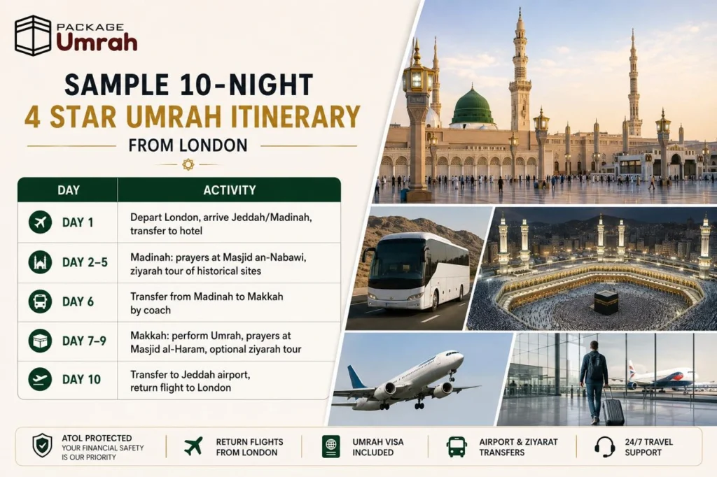 10 night Umrah itinerary from London infographic