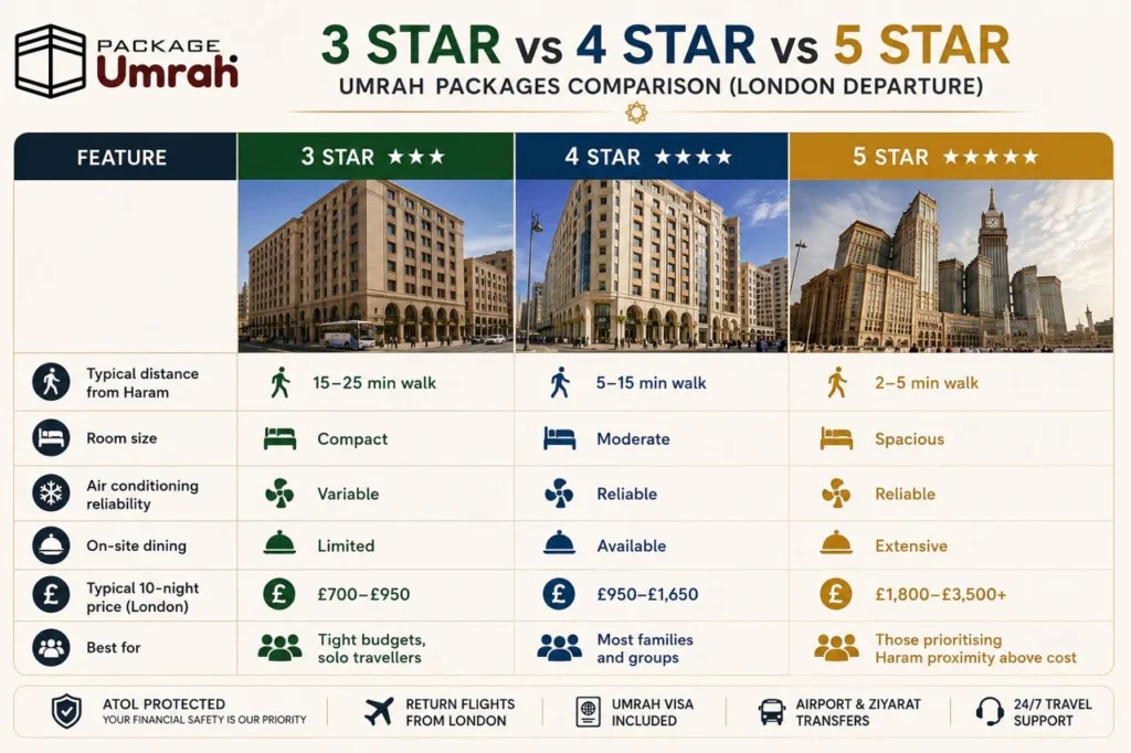 Comparison of 3 star 4 star and 5 star Umrah hotel packages